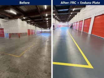 Side by side view on FRC and Endura-Plate on cracked concrete slab.