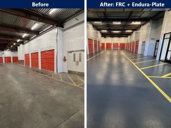 Side by side comparison of FRC plus Endura-Plate on parking area concrete.