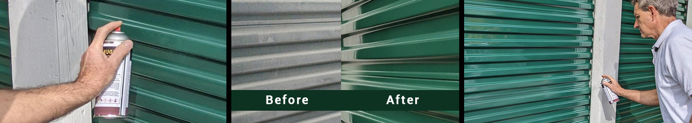 Clear gloss aerosol to restore color and shine to self-storage doors.